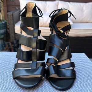 Nine West Dream Team Black Lace Up Stilettos heels sandals Woman’s Sz. 10M
